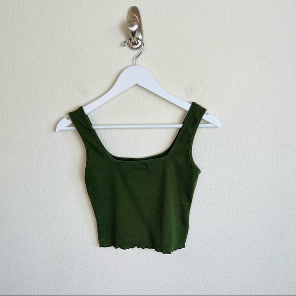 Olive Green Square Neck Lettuce Trim Ribbed Crop Tank Top - Picture 3 of 5